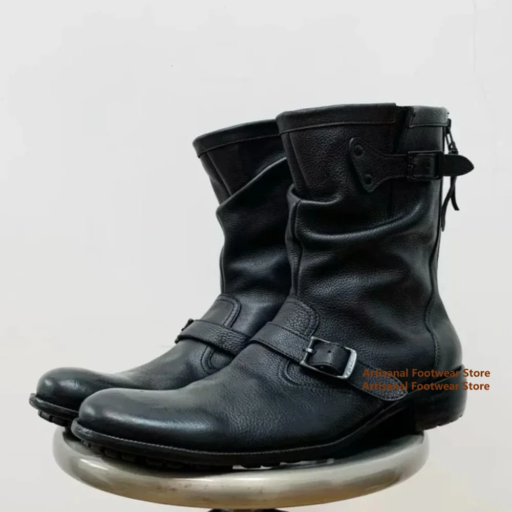 

Buckle Strap Chelsea Boots Back Zippers Men's Boots British Style Men's Mid-Calf Boots Trendy Handmade Stylish Men's Boots