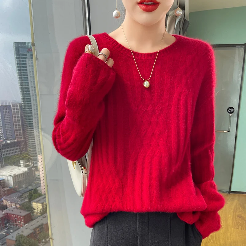 Autumn Winter New Cashmere Sweater 100% Pure Wool Women's Clothing Tops Round Neck Pullover Casual Loose Knit Base Sweater