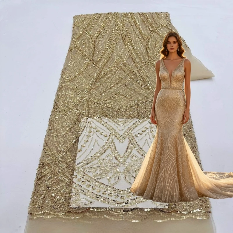 African Gold Beaded Lace Fabric 2026 High Quality Nigerian Tulle Sequins Lace Fabric Suitable For Sewing Wedding Party Dress 5Y
