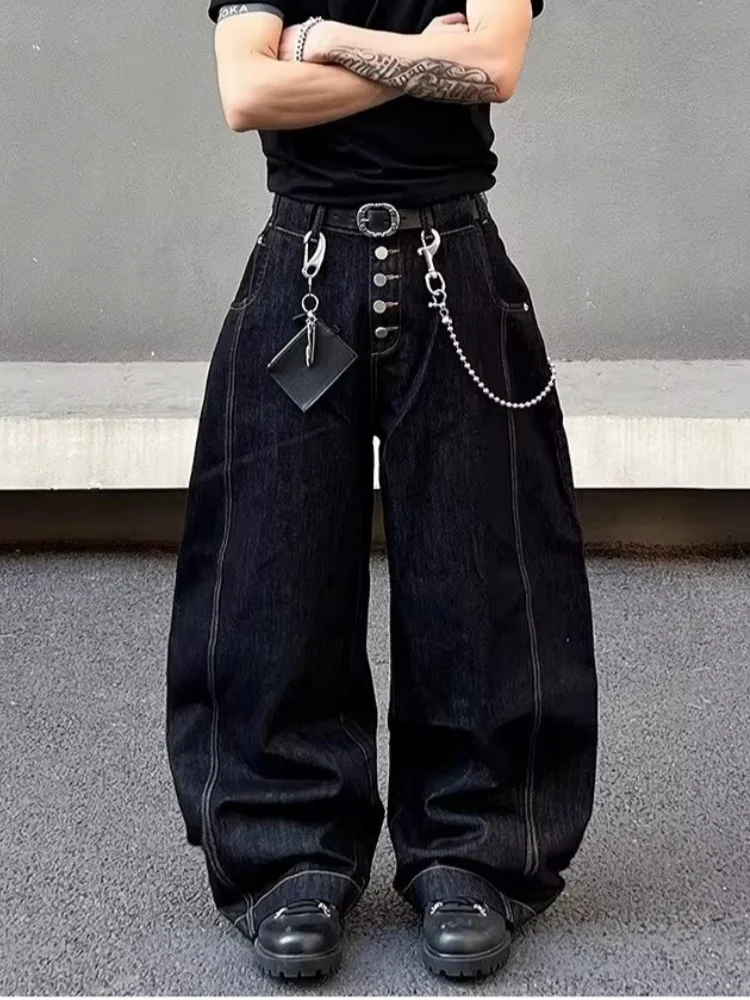 

2026 Cyber Y2K Streetwear Button Fly Black Baggy Jeans Pants For Men Clothing Wide Leg Cotton Loose Long Trousers Pantaloni Uomo