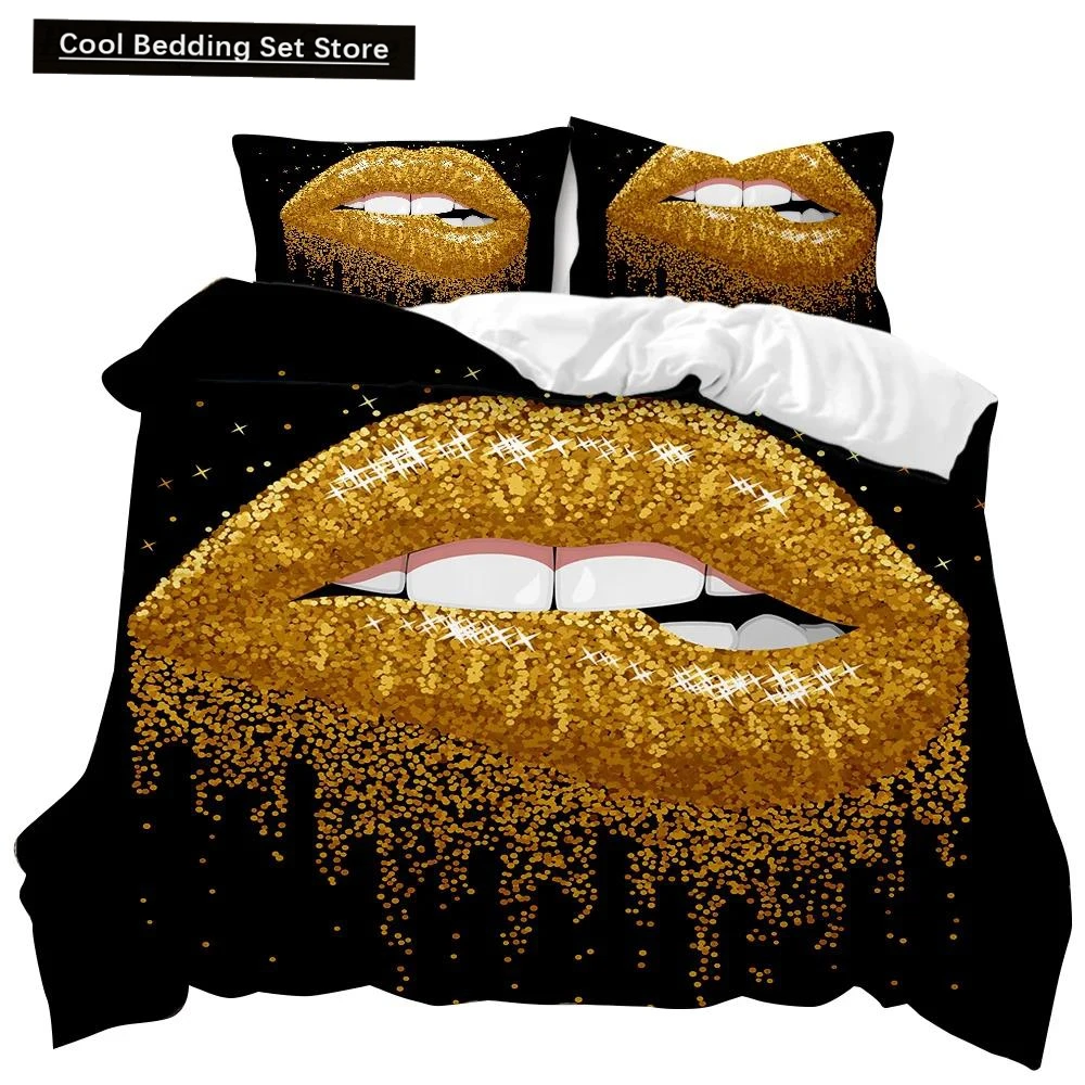 Lip Duvet Cover Set Golden Lip Bedding Set Sexy Adult Couple Twin Polyester Comforter Cover 3D Kiss Marks Double Queen King Size