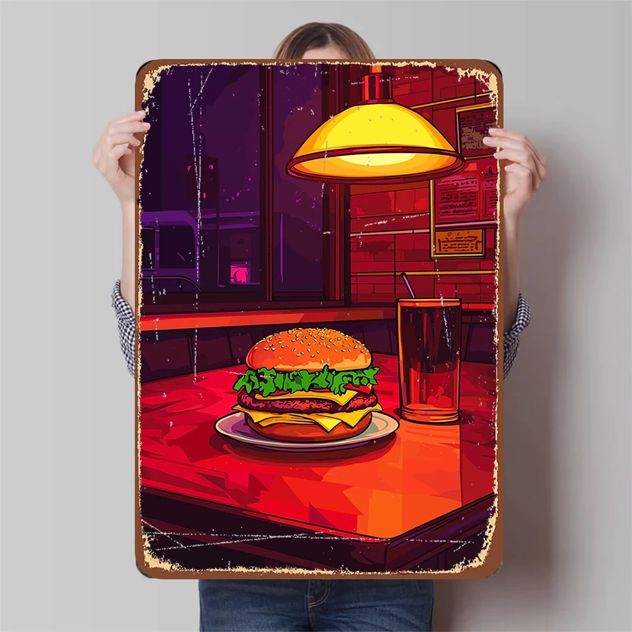 Decoración de comedor de arte de pared de metal de hamburguesa y refresco americano de neón retro