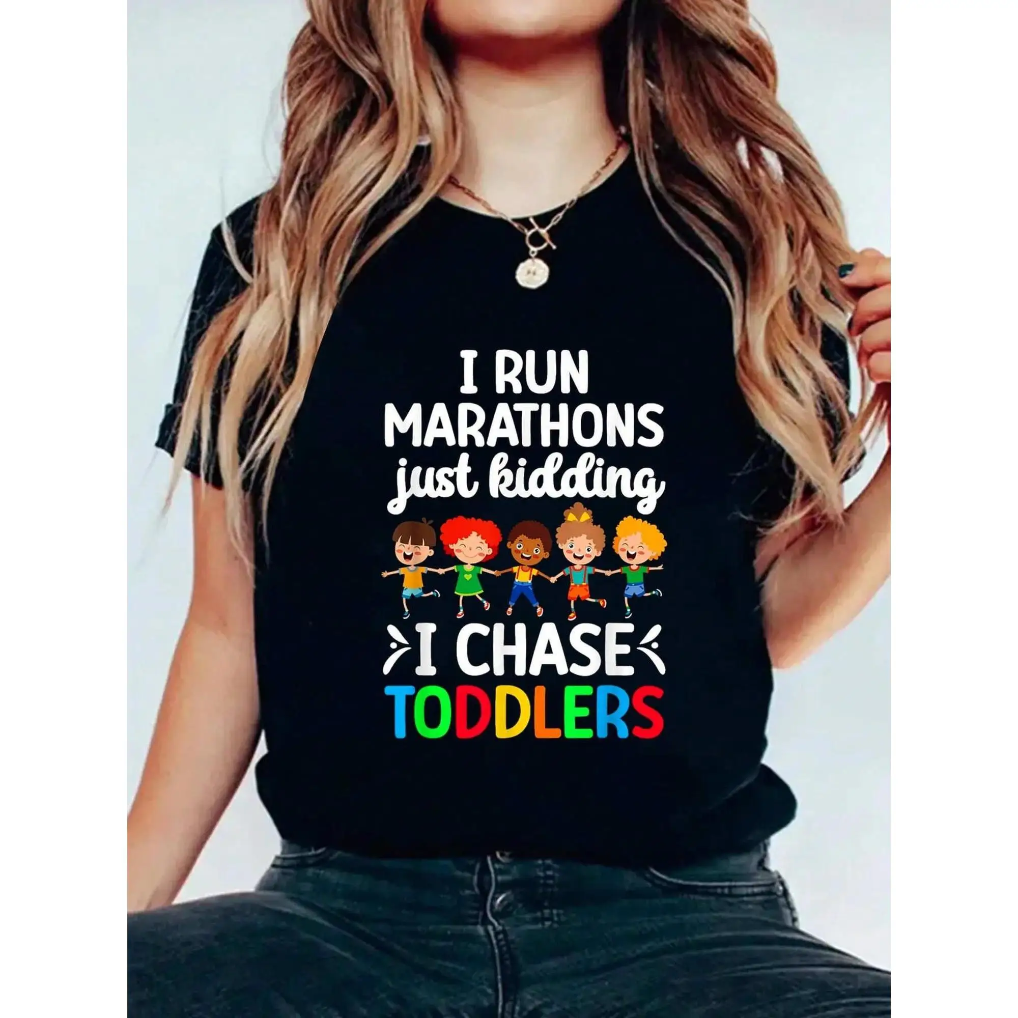 

Funny I Chase Toddlers Slogan T-shirt for Mom Women Humorous Marathon Graphic Tee New Mother Gift