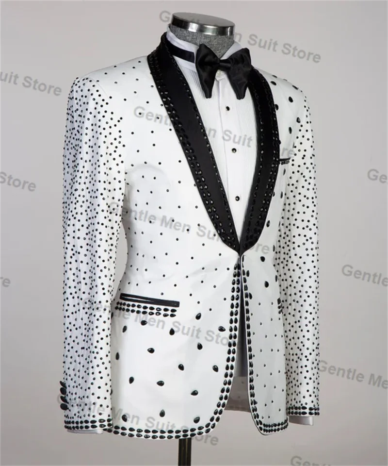 White Luxury Crystals Men Suits 2 Piece Blazer+Black Cotton Pant Wedding Tuxedo Coat Customized Formal Office Jacket Trouser