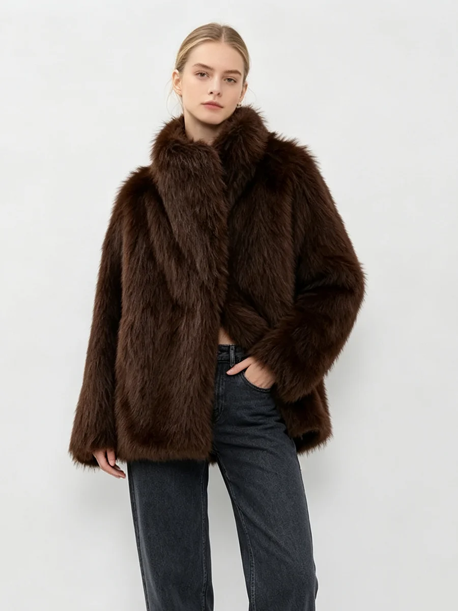 RU Women High Collar Faux Fur Coat  Fluffy Thick Plush Jacket Loose Oversized Fit Warm Winter Fashion Ladies Short Outerwear