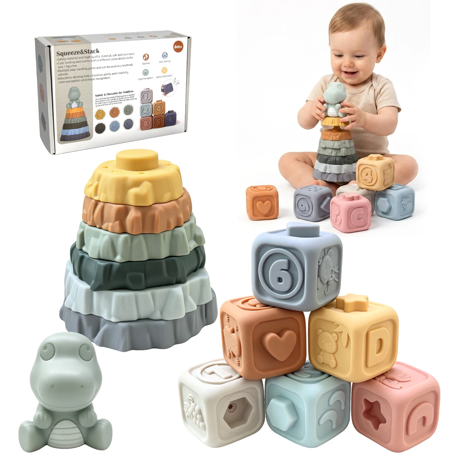 Baby Silicone Stacking Cubes No BPA Montessori Toys for Toddlers Soft Sensory Blocks Educational Sorting Fine Motor Toys Gifts
