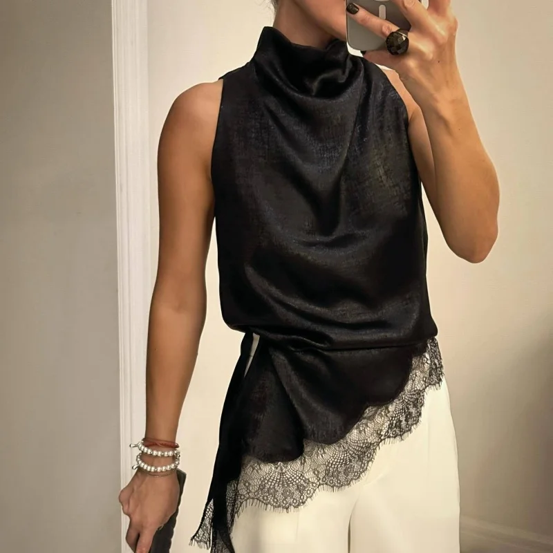 Summer Women's Satin High Neck Camisoles Irregular Floral Lace Trim Satin Silk High Low Vest Tanks Sleeveless Silky Layering Top