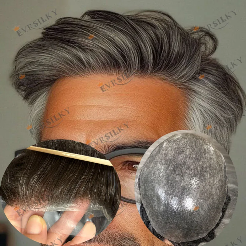 

Undetectable Full Skin Base Man Human Hair Wigs #310 #1B10 Brown with Grey Hair Old Man Hair Toupee Prosthesis Capillary Toupee