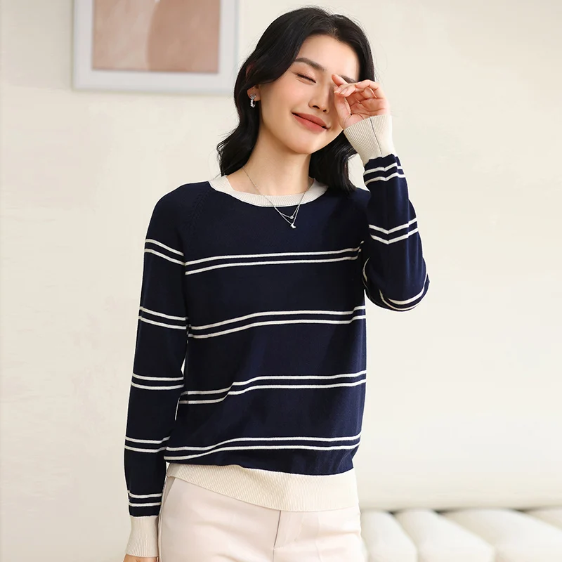

Spring/Autumn New 100% Cotton Women's Long Sleeve Sweater Casual Striped Knitted Hoodie Round Neck Tops Loose Pull Jumper
