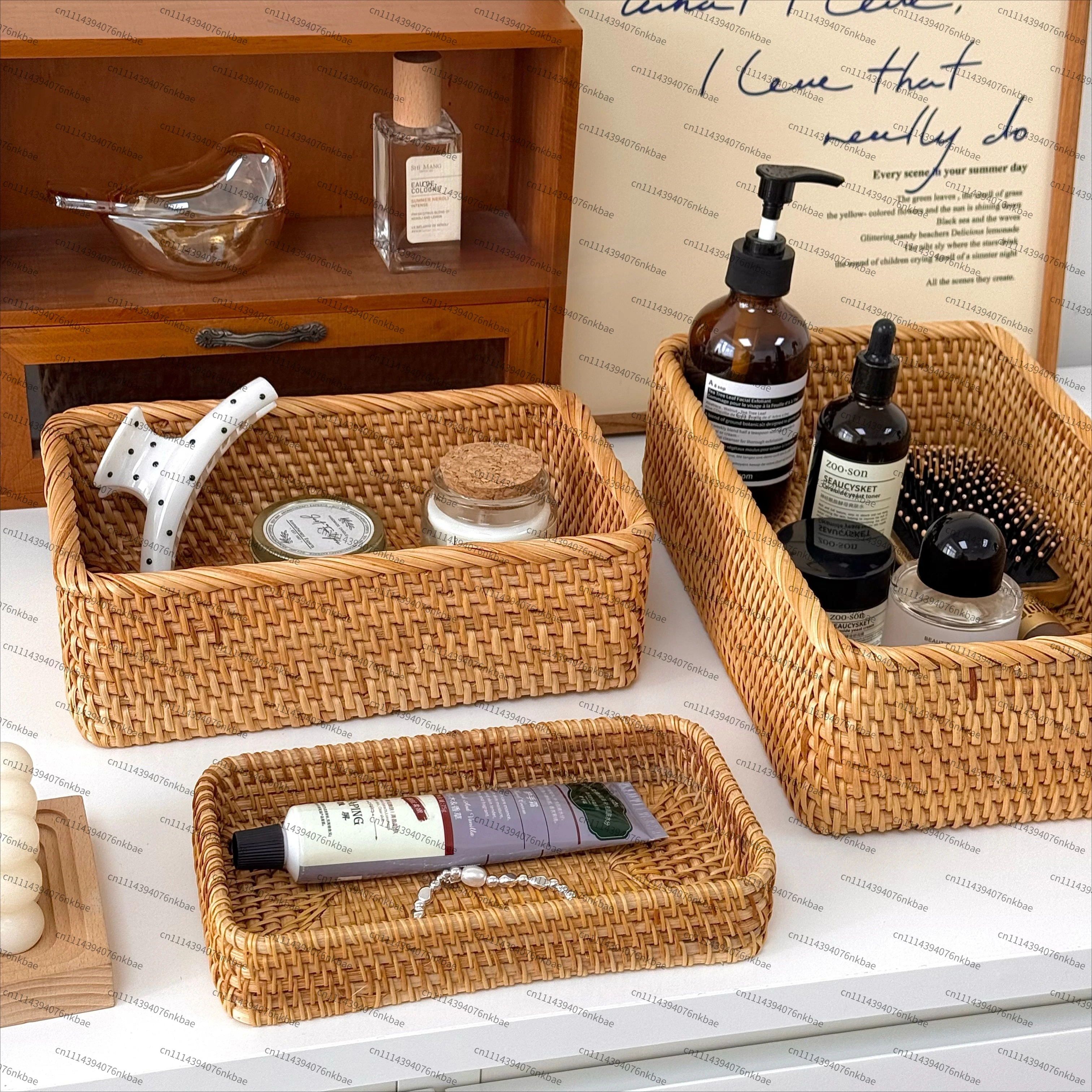 Desktop Rattan Storage Box Rectangular Cosmetic Finishing Box Sundries Storage Basket Ins Wind Decorative Ornament