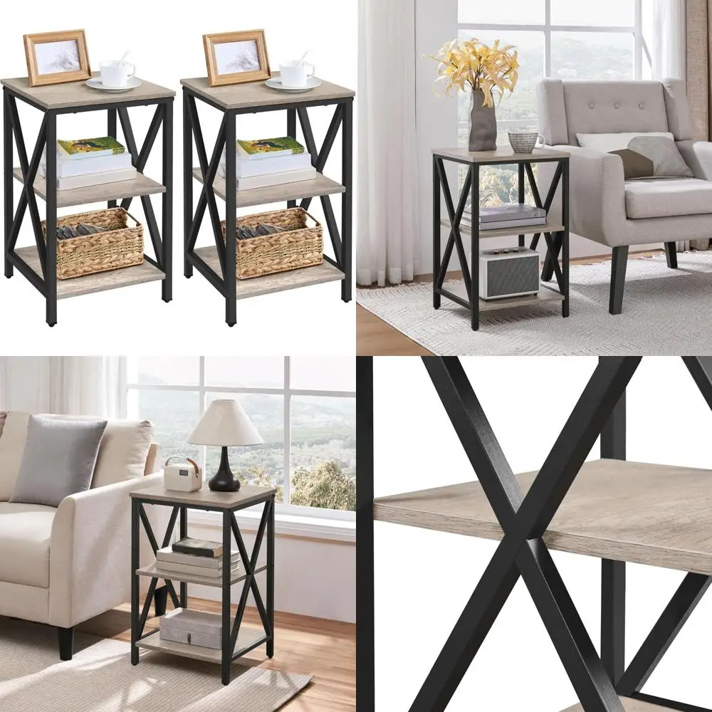 

Two-Piece Industrial Style 3-Tier End Tables with Storage Shelves for Living Room and Sofa Area, Sturdy X-Frame Design