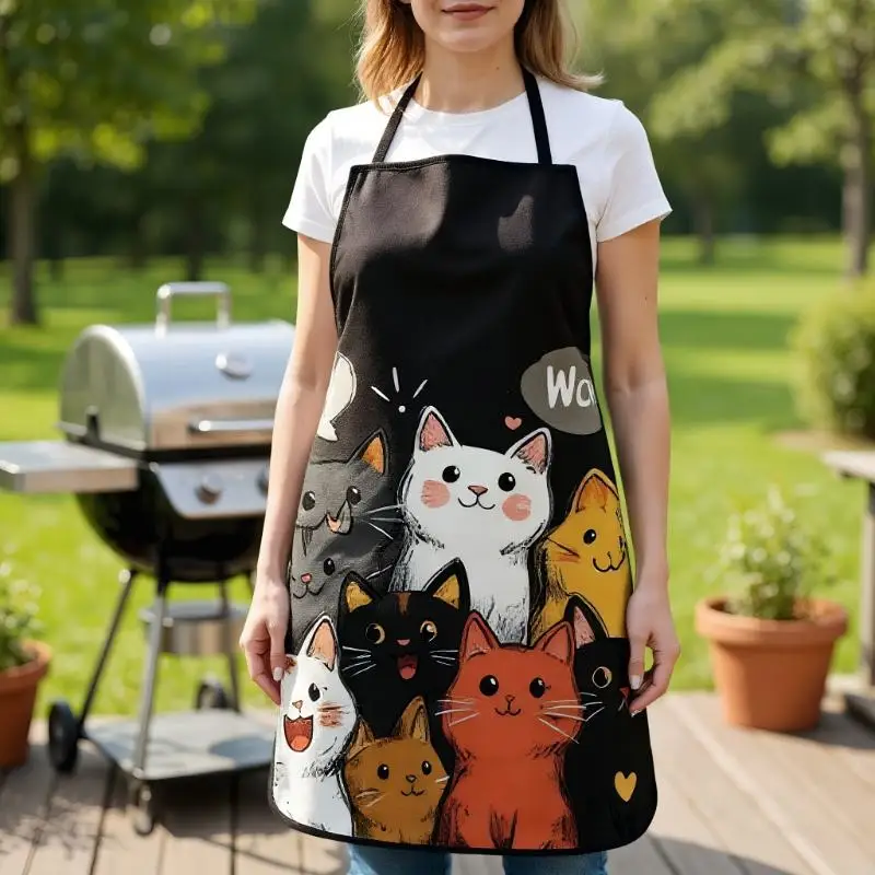 Schürze aus Polyester mit niedlichem Katzenmuster, lebendige Cartoon-Katzen mit Herz- und Sternen-Design, Küchenschürze zum Kochen, Backen, Heimdekoration