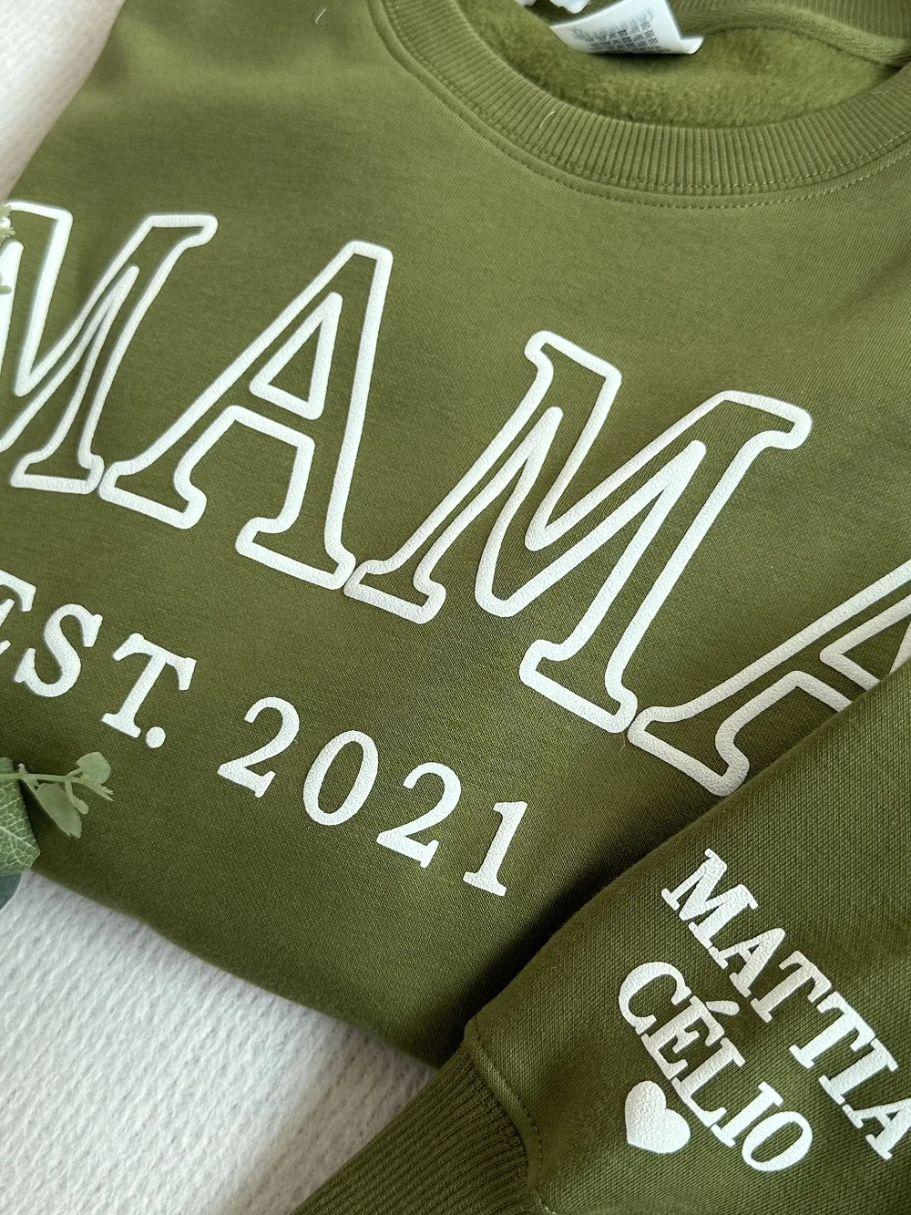 Personalized MAMA EST Year Sweatshirt with Kid Names on Sleeve Minimalist Neckline Sweater Mother Day Gift New Mom Birthday Gift