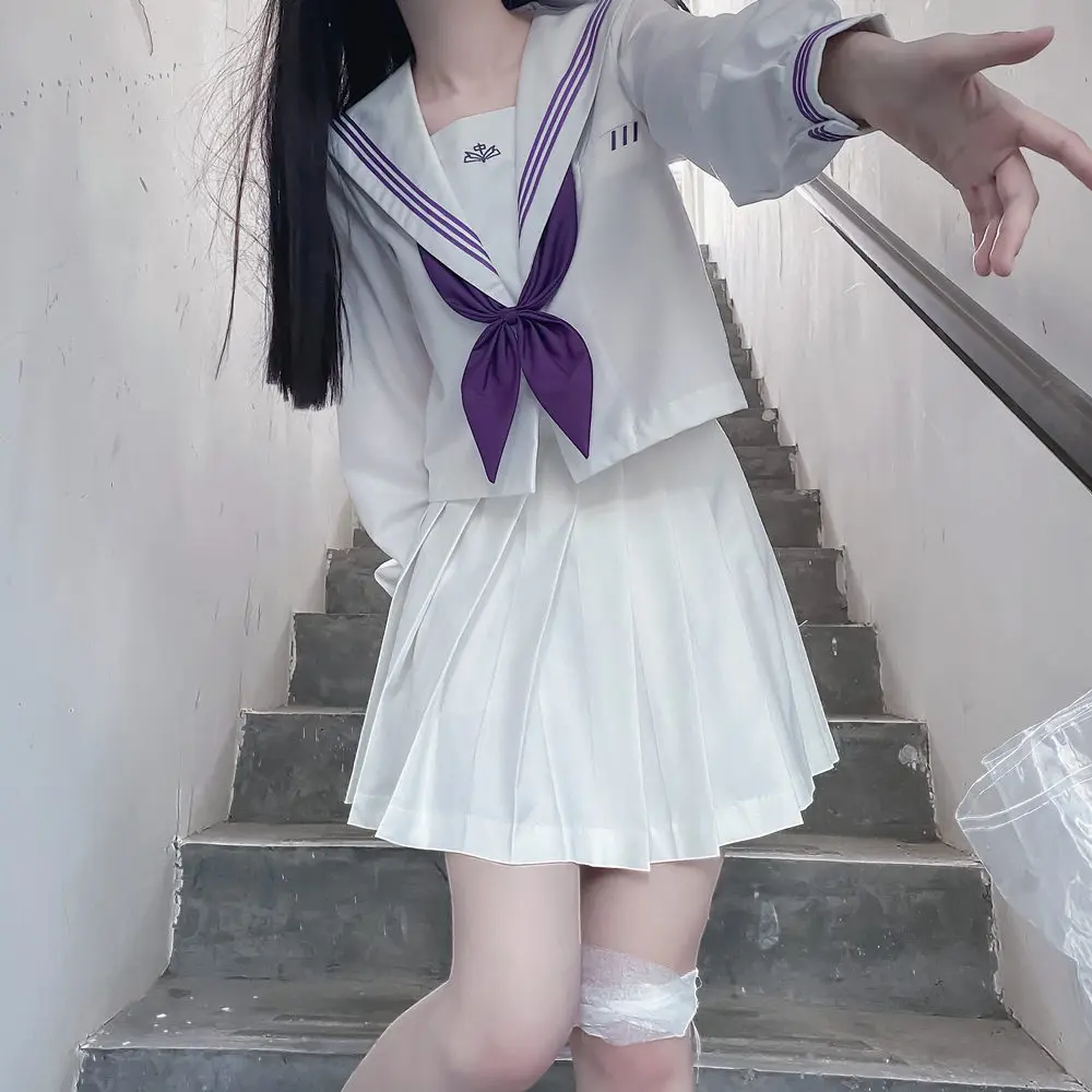 Uniforme per ragazze delle scuole superiori Abito da marinaio giapponese Seifuku Cravatta viola Studente coreano Kawaii JK Uniforme Cosplay Gonna in pelle bianca