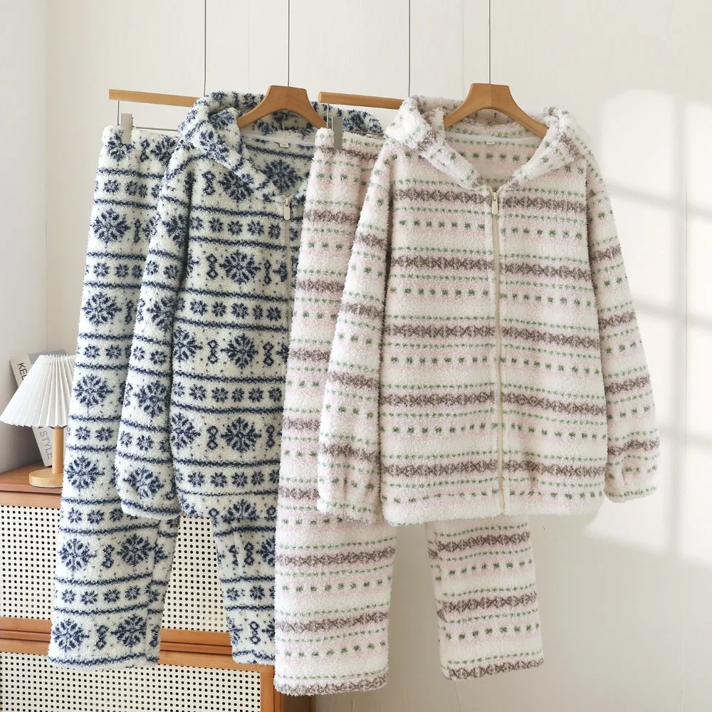 Thickened Hooded Zipper Flannel Pajama Set New Winter Warm Velvet Long Sleeve Pijama Sleepwear Soft 2 Piece Sets Homewear Suit