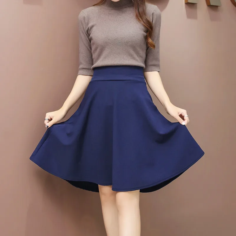 55cm Long Skirt Women's High Waist Knee Sun Half Skirt Fashion Versatile Black Casual Clothing Fluffy Pleated Skirts No Shorts
