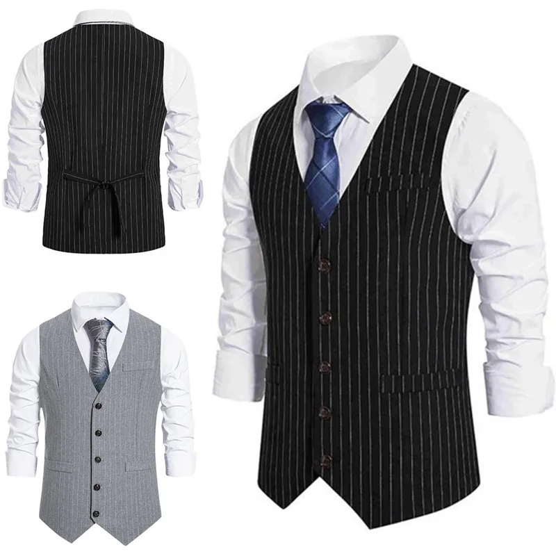 Gilet de costume à simple boutonnage pour homme, décontracté, rétro, rayé, automne et hiver