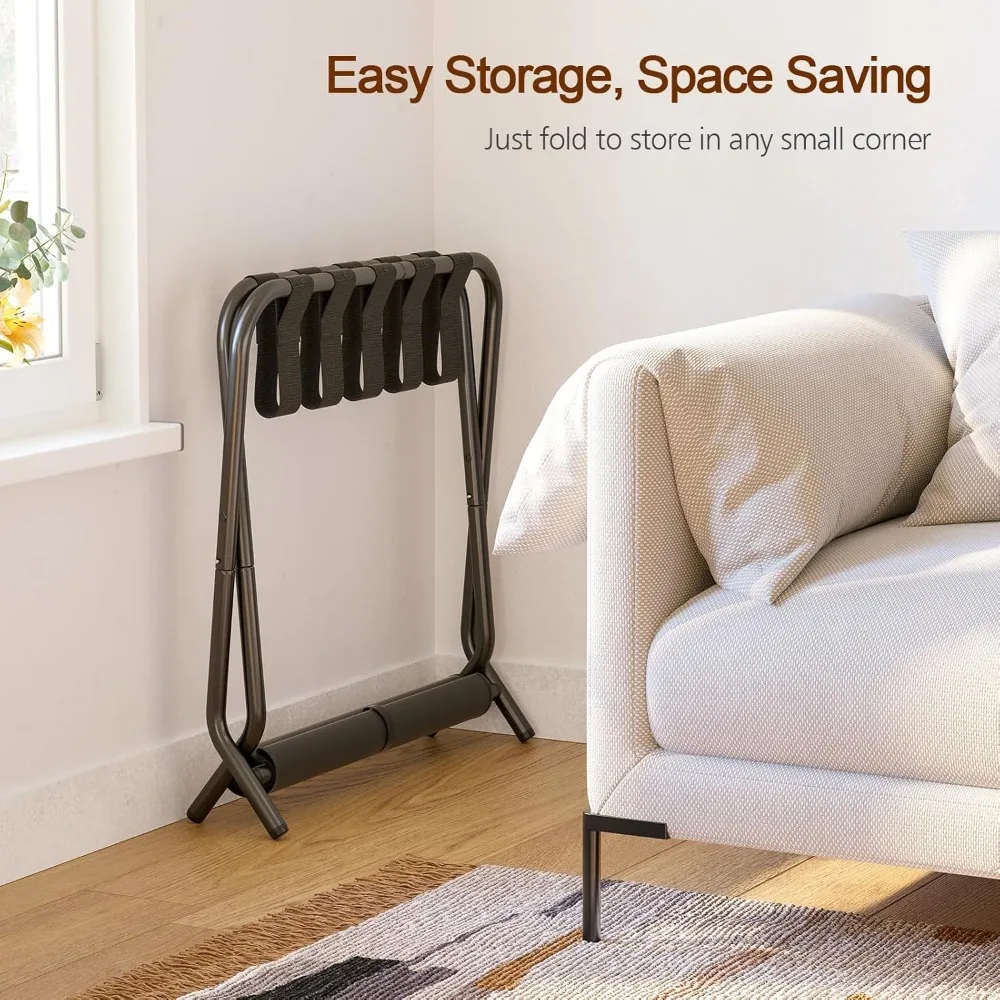 مجموعة رف أمتعة معدنية قابلة للطي مكونة من قطعتين مع رف تخزين لغرفة الضيوف، الفندق، سهلة التجميع، أسود #4