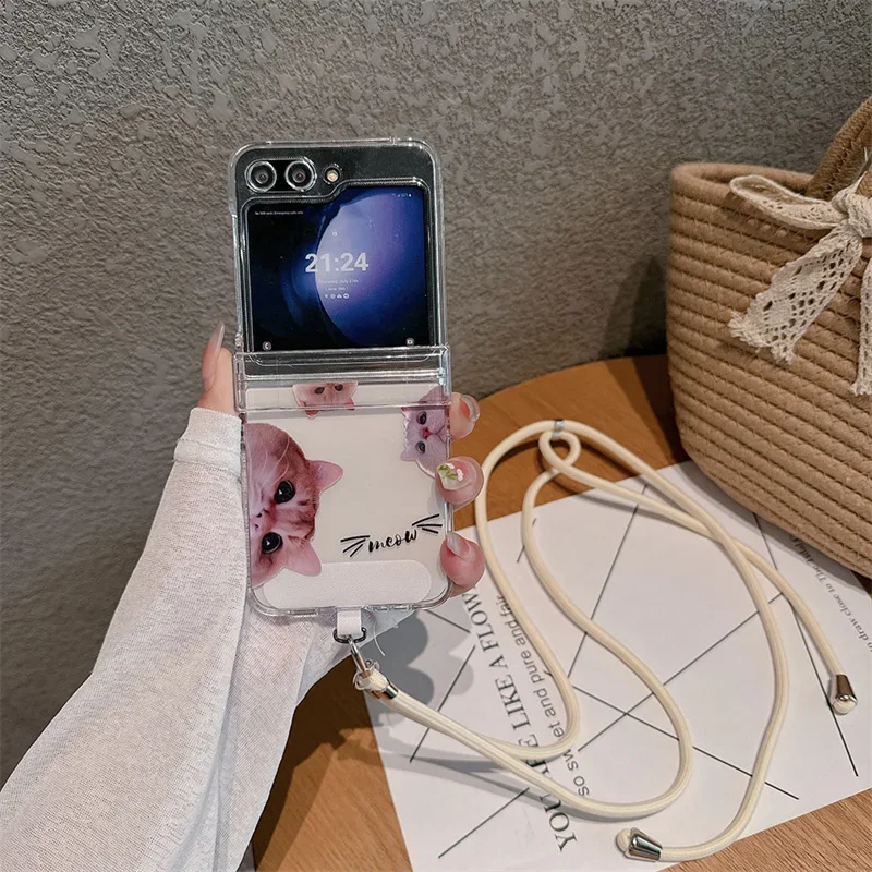 

Для Samsung Galaxy Z Flip 6 5 4 3 Чехол Z Flip5 ZFlip 5 ZFlip5 милый кот длинный ремешок Corssbody жесткий противоударный чехол