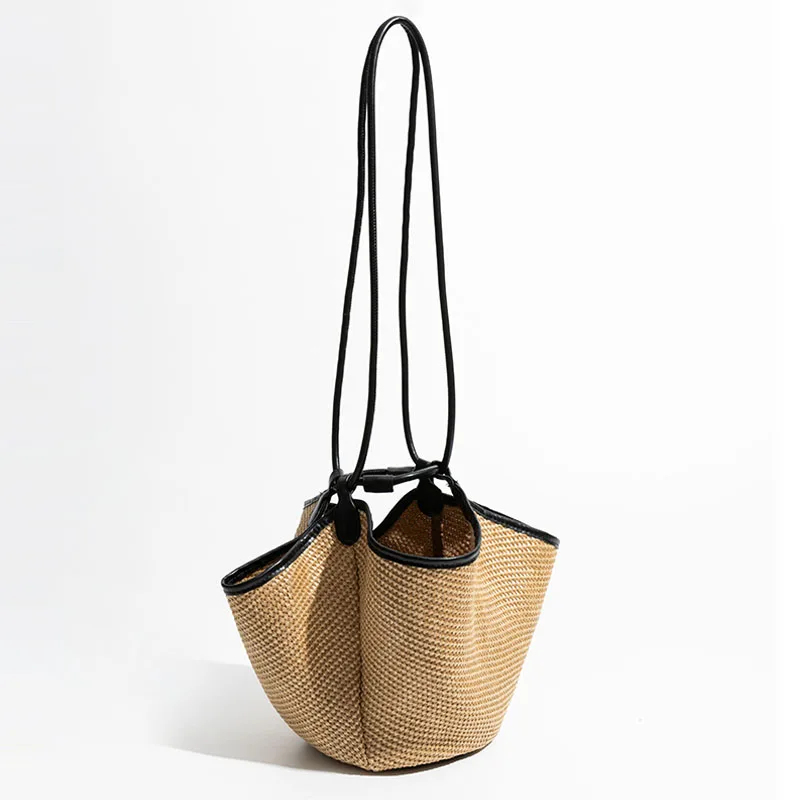 Drawstring Bucket Composite Bags For Women Luxury Designer Handbag Purse 2024 New In Casual Vacation Straw Weave Beach Shoulder