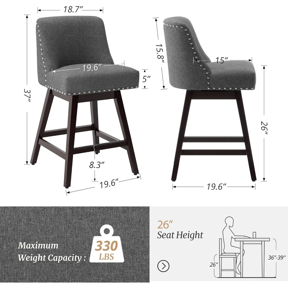 Ensemble de tabourets de bar avec pied en bois massif, tabourets de piste de comptoir à percussion avec dos, tabourets de bar en tissu de lin, pied en bois massif avec repose-pieds, 26 po, 2 pièces