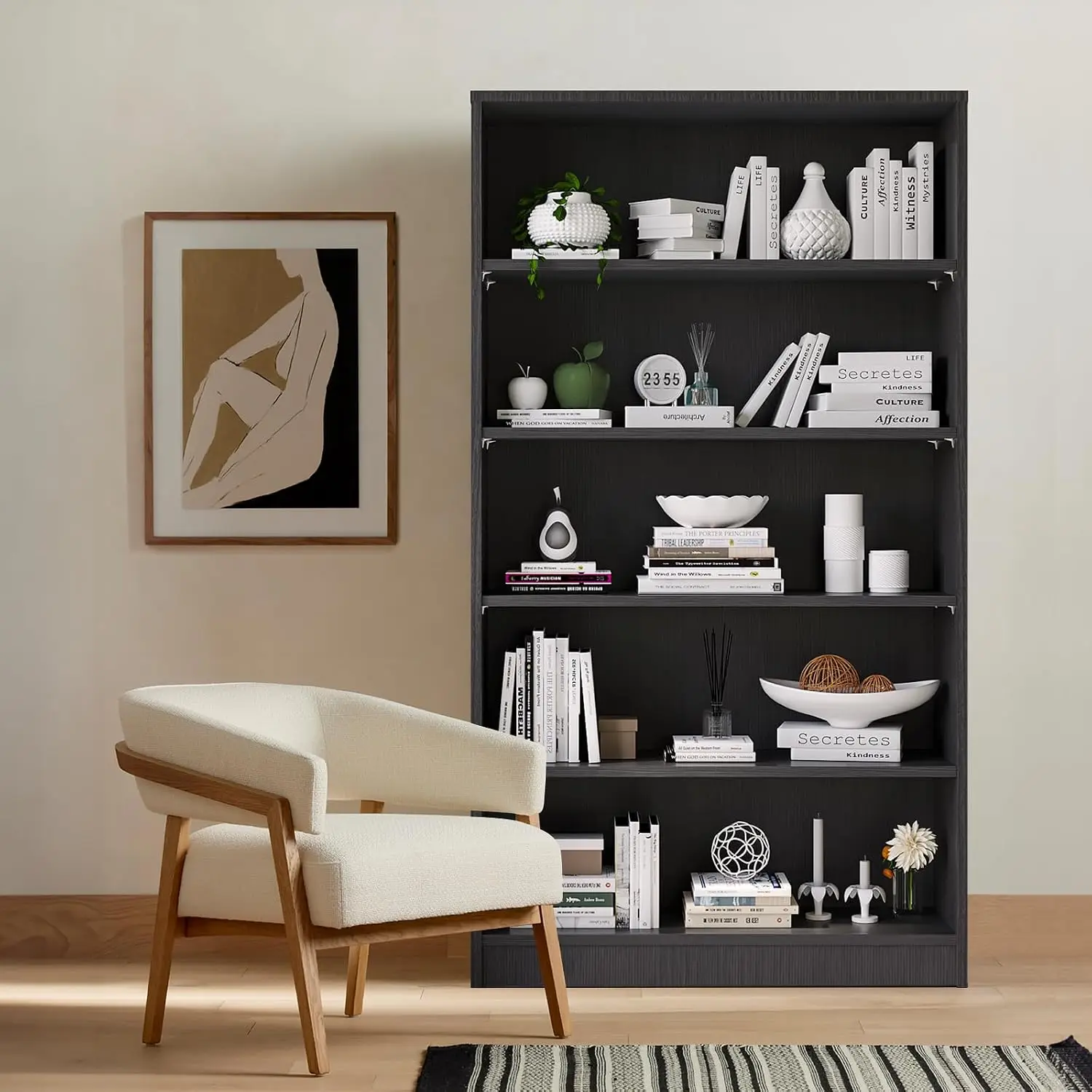 5-Shelf Wood Bookcase 60 Inch Tall Storage Display Organizer for Living Room Office Home, Customized