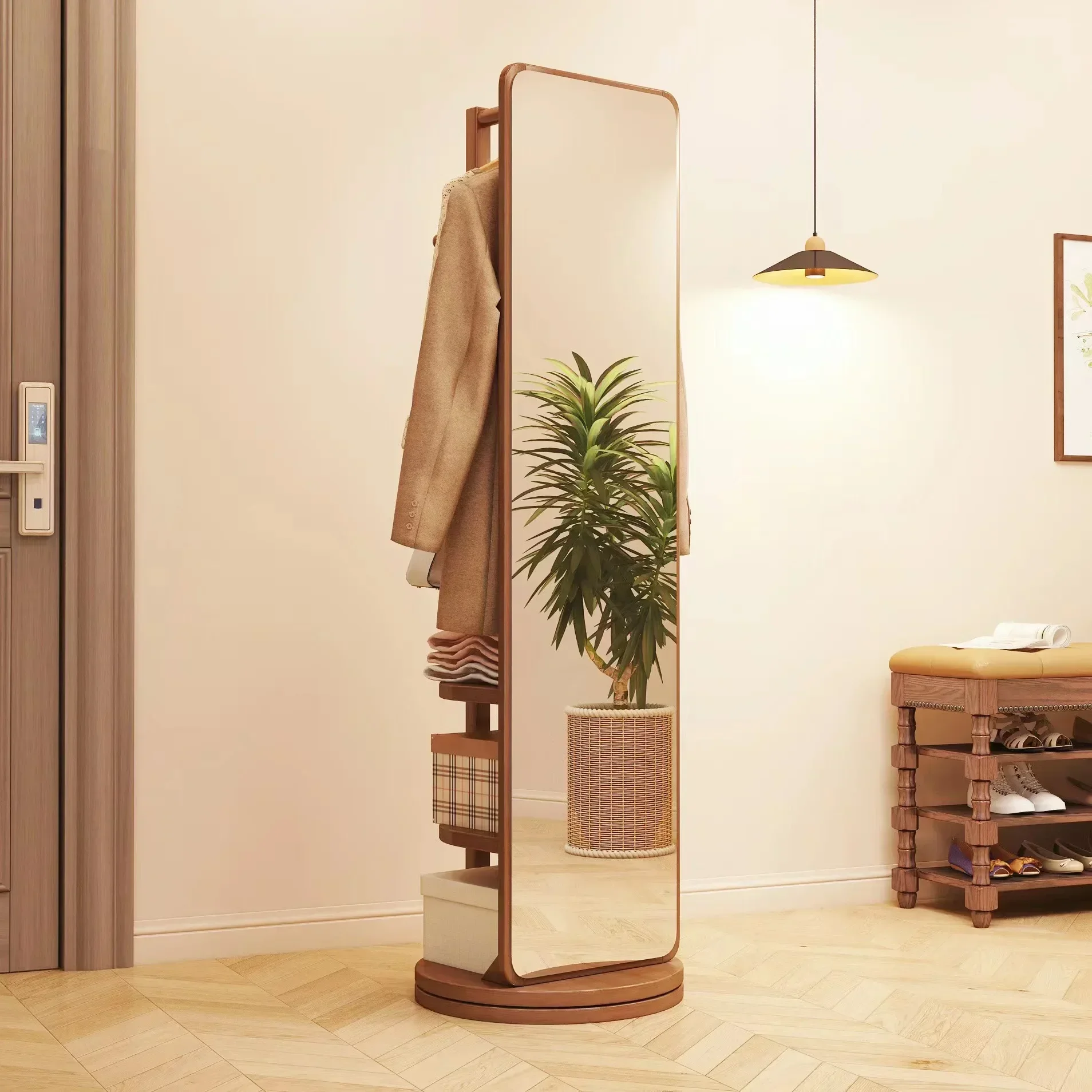 

Solid wood clothes hanger mirror integrated floor-to-floor bedroom multifunctional living room rack rotating full-length mirror