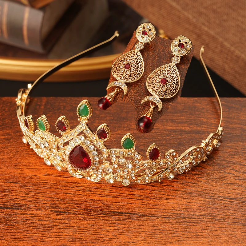 Water Drop Green Red Rhinestone Bridal Crown Morocco Trendy Luxury Gold Plated Bridal Headdress Arabic Wedding Gifts for Women