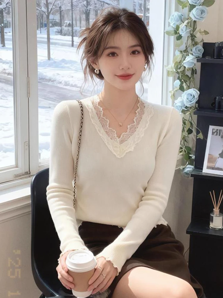 

Ele White Lace Splice V-Ne Knitted Sweater Women's Winter Slimming Base irt Inner Wear Top Faionable Base Layer