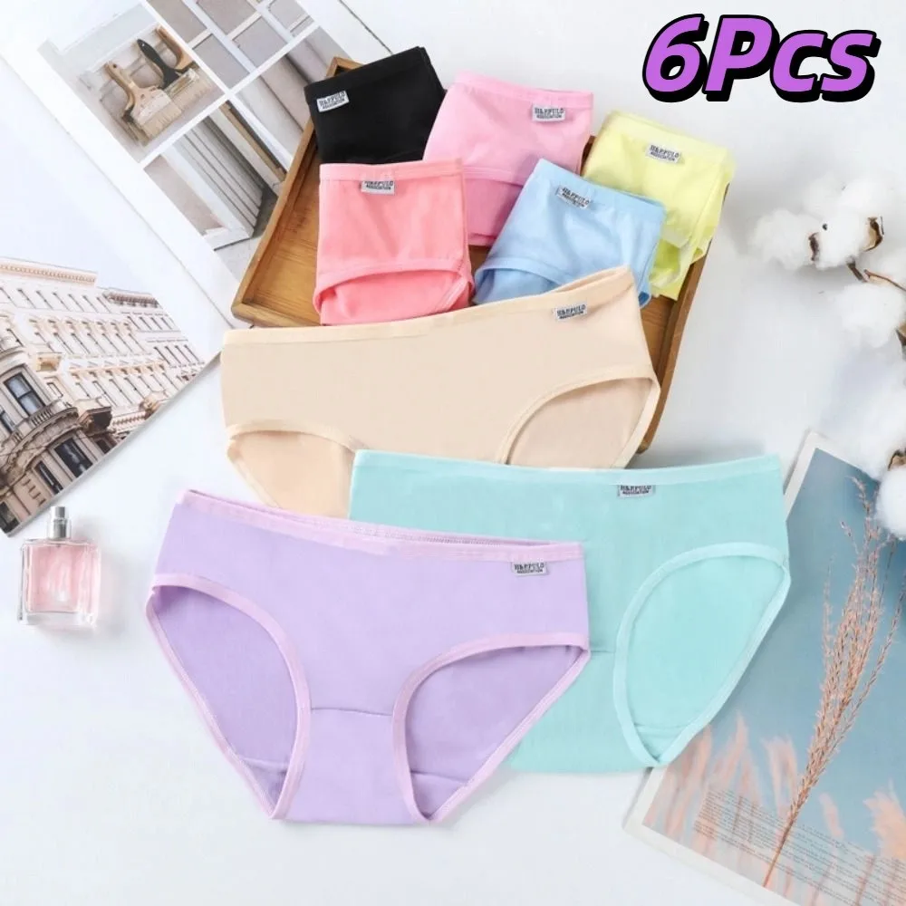 

6Pcs Sweet Candy Color Simple Panties Underpants Breathable Underwear Women Lingerie Mid Waist Briefs Teenagers