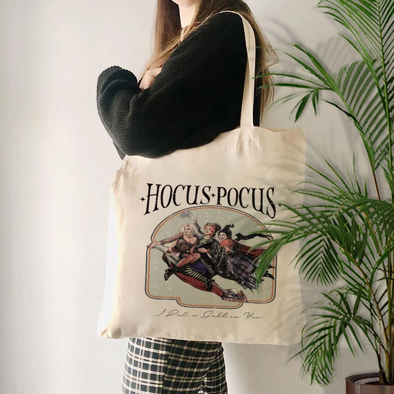 Hocus Pocus Pattern Canvas Tote Bag Halloween Gift for Friends Sister BFF Daughter Women Shopping Bag Reusable Shoulder Bags