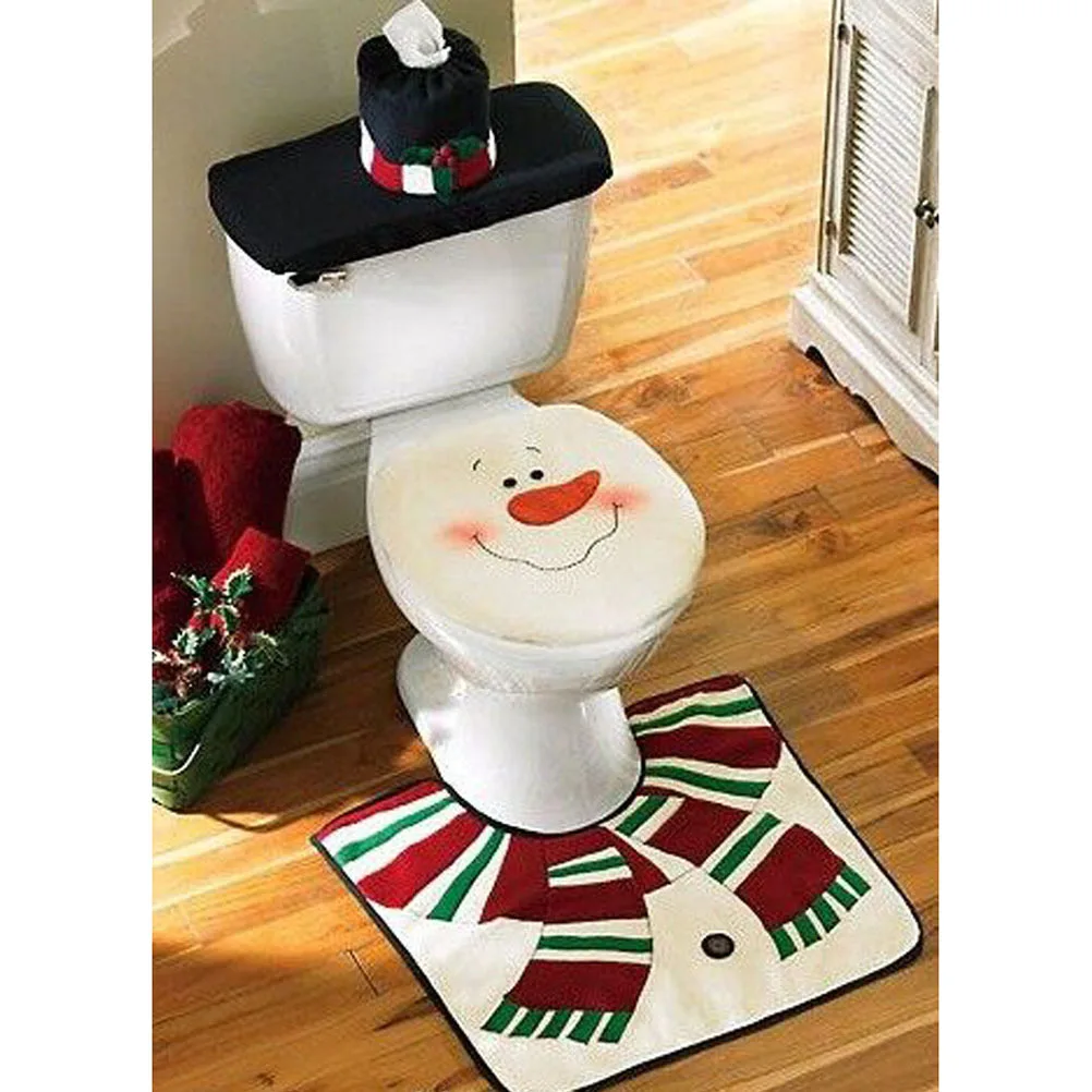 

Christmas Themed Snowman Toilet Set Includes Lid Cover U-Shaped Floor Mat 2 in 1 Toilet Paper Holder Water Tank Lid Cover