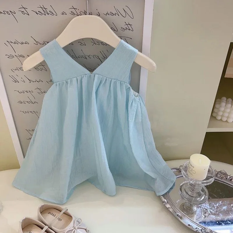 Summer Cotton Bow Solid Color Suspender Baby Girl Dress Korean Version Blue Girl Princess Dress