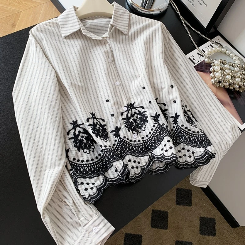 

Винтажные женские блузки с вышивкой в полоску, модные свободные летние рубашки в корейском стиле, хлопковые топы с длинными рукавами для женщин