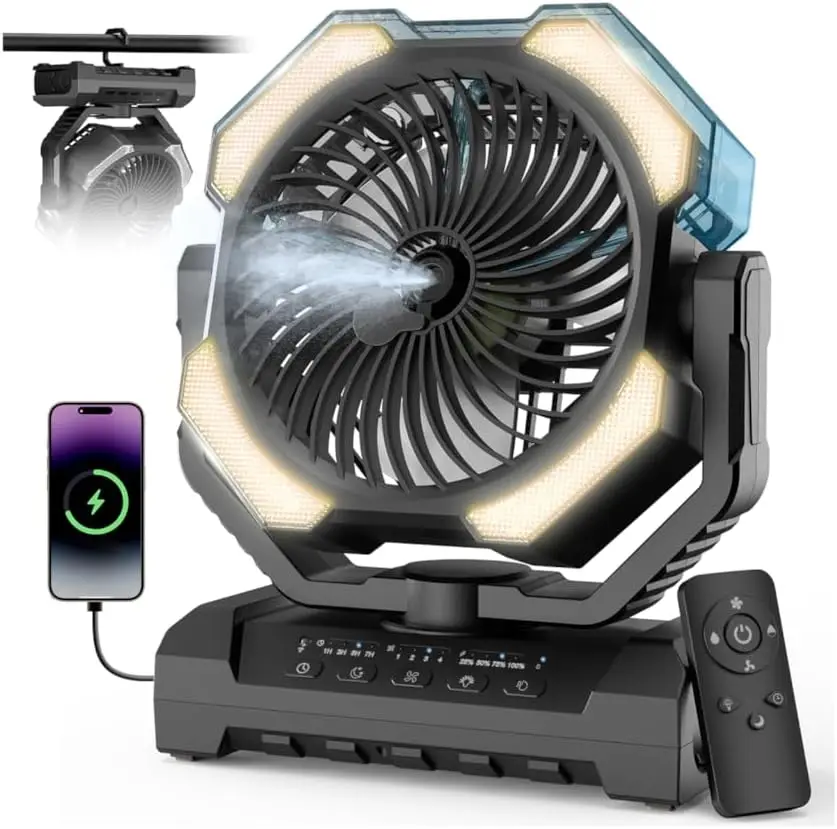 

Портативный кемпинговый вентилятор с функцией распыления, подсветкой и крючком — аккумулятор 24000 мАч, 120 часов охлаждения, 5 часов работы с функцией распыления для путешествий на природе