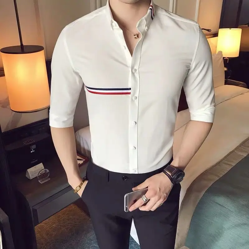 

2024 New Summer Korean Version Trendy Casual Business Color Blocking Lapel Slim Fit and Handsome Quarter Sleeved Shirt for Men