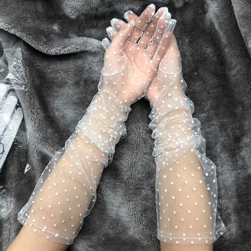 Ultra Thin Long Tulle Gloves Summer Stretchy Lace Full Finger Mittens Sunscreen Mesh Gauze Gloves for Women Girls Wedding view 2