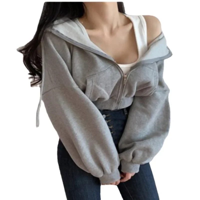 Zip Up Short Hooded Shirt Women Solid Color Lady Sweatshirt Tracksuit Long Sleeve Female Crop Top Y2k Korean Harajuku Moletom