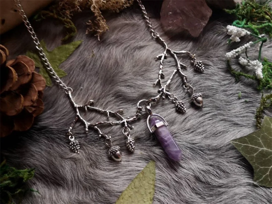 Crystal branch Choker, Gothic jewelry, retro, pinecone, natural stone, forest, witchcraft accessory, pagan, necklace For Women