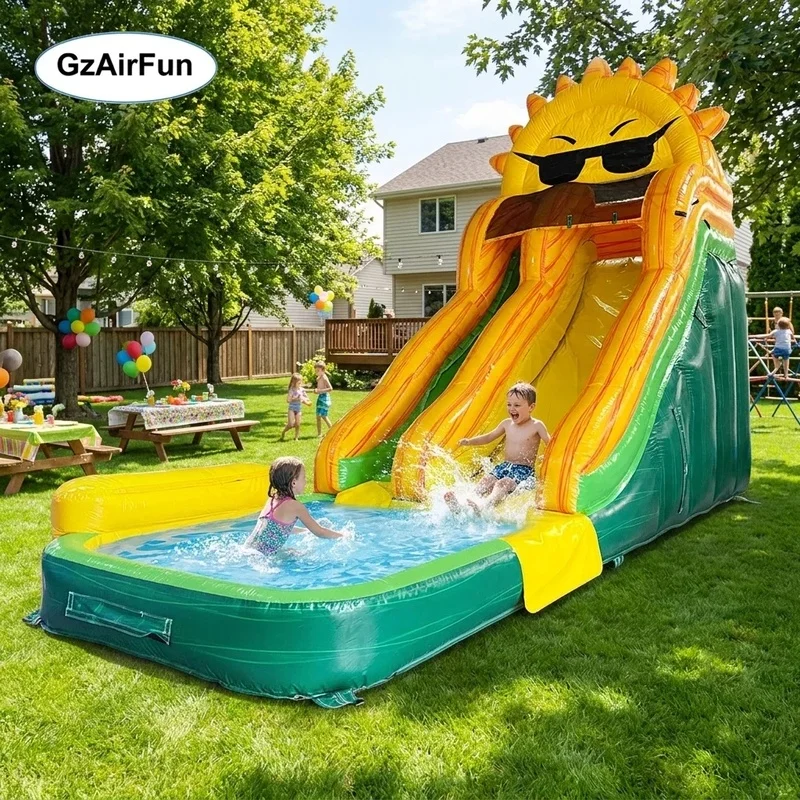 Cool Sunglasses Sun Themed Inflatable Water Slide With Splash Pool, Yellow Green Summer Inflatable Play Slide for Kids Party