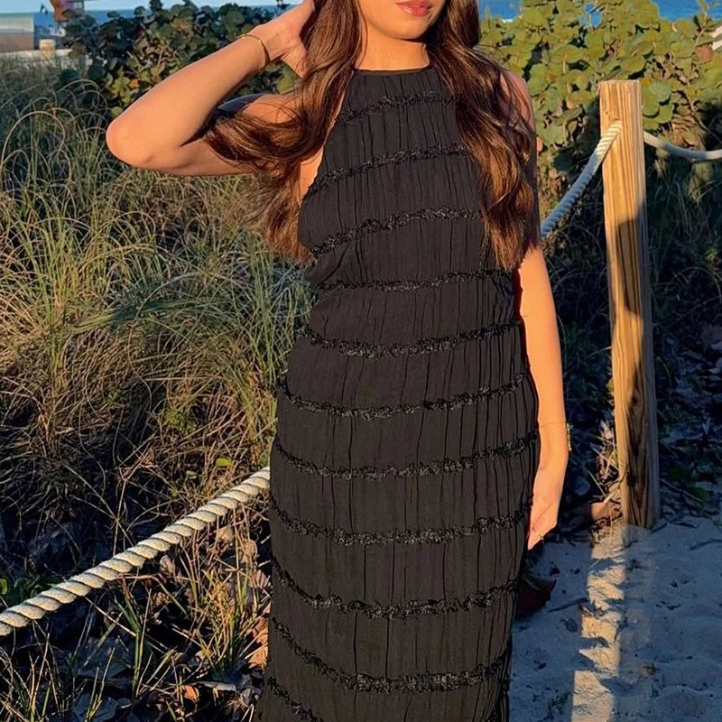 Vestido bohe calado sin mangas con cuello Halter, vestido largo plisado elegante para vacaciones en la playa, vestido de fiesta informal ajustado con espalda descubierta para mujer