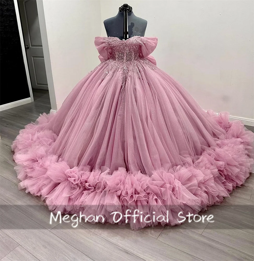 Mexico Pink Off Shoulder Bead Appliques Quinceanera Dress 2025 Ball Gown Birthday Party Dresses Ruffles Bow Sweet 15 Customized