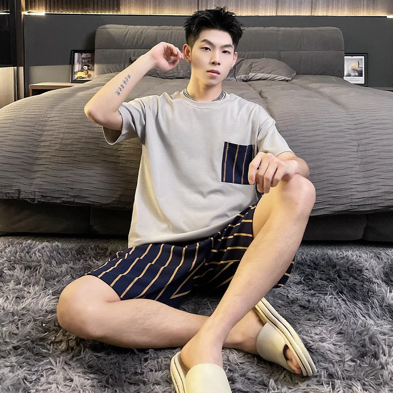 Men Cotton Pajamas Set Short Sleeve Shorts Plus  Home Suit for Boy Casual  Pajama Korean Loose Stylish Piaid Summer New