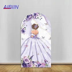 Quinceanera 15 Year Girl Birthday Arch Backdrop Cover Purple Princess Dress Flowers Butterfly Party Decor Background Supplies