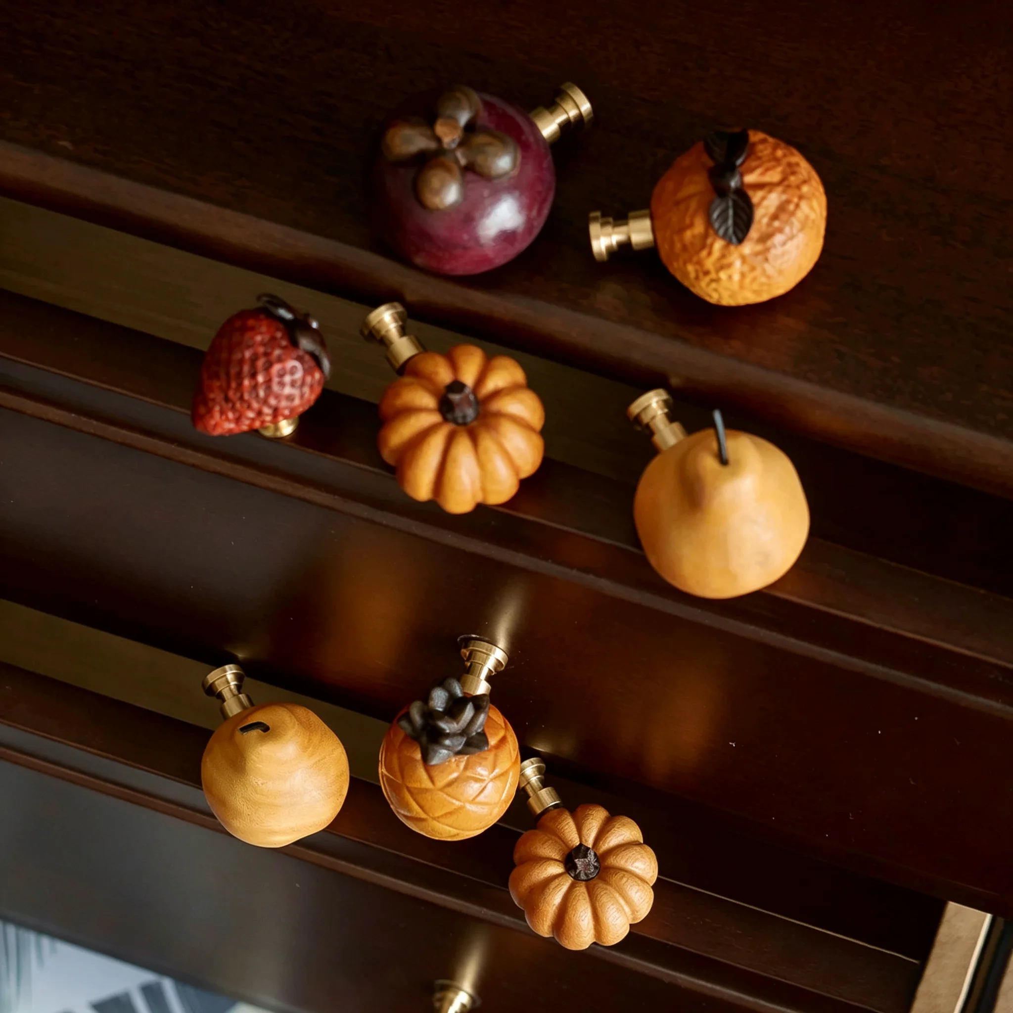 Hand-Carved Fruit-Shaped Cabinet Handles: Pineapple, Pumpkin, and Strawberry Solid Wood Cabinet Door Handles with Brass Bases