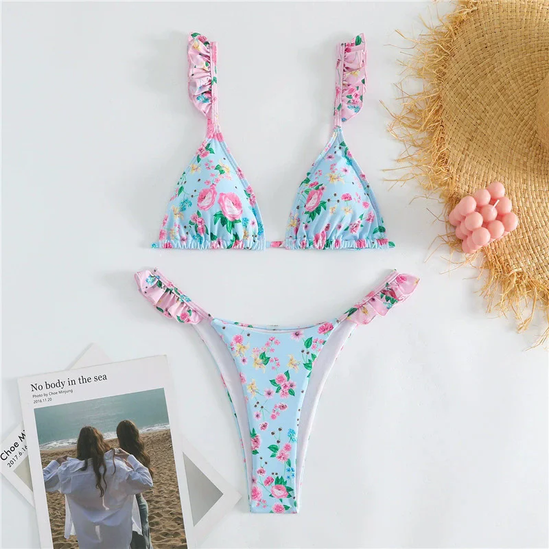 Light Blue Floral Print Swimwear Ruffled Strap Triangle Thong Micro Bikini 2026 Sexy Swimsuit Women Low Waisted Bather Bikinis
