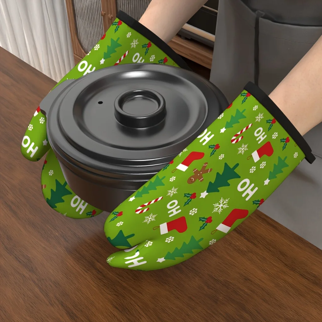 2pcs 10.63 X 6.69inch Heat Resistant Kitchen Oven Mitts, Green Hohoho Candy Cane Sock Pattern Housewarming Hostess Family Gift