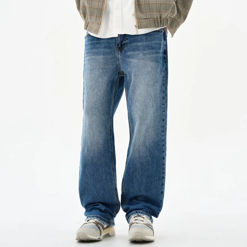 Elastic Denim Jeans Men Basic Style Business Casual Loose Vintage Fashion Cleanfit Straight Baggy Pants Jeans Man Trousers
