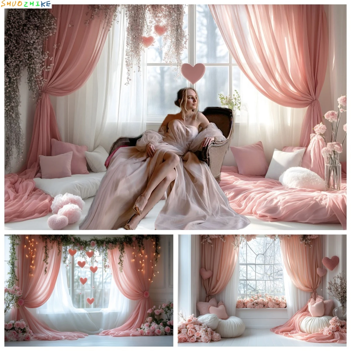 

February 14th Valentine's Day Photography Backdrops Love Heart Flowers Wedding Party Birthday Decoration Background Photo Studio