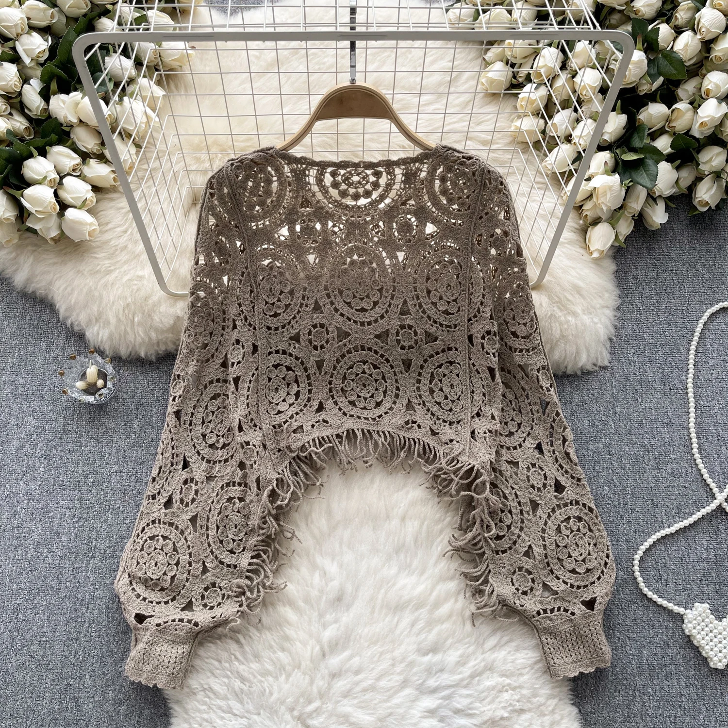 Chic Floral Crochet Vintage Hollow Tassel Capes Blouse Long Sleeve Korean Fashion Tops Sexy Elegant Autumn Women Pullover Y2k